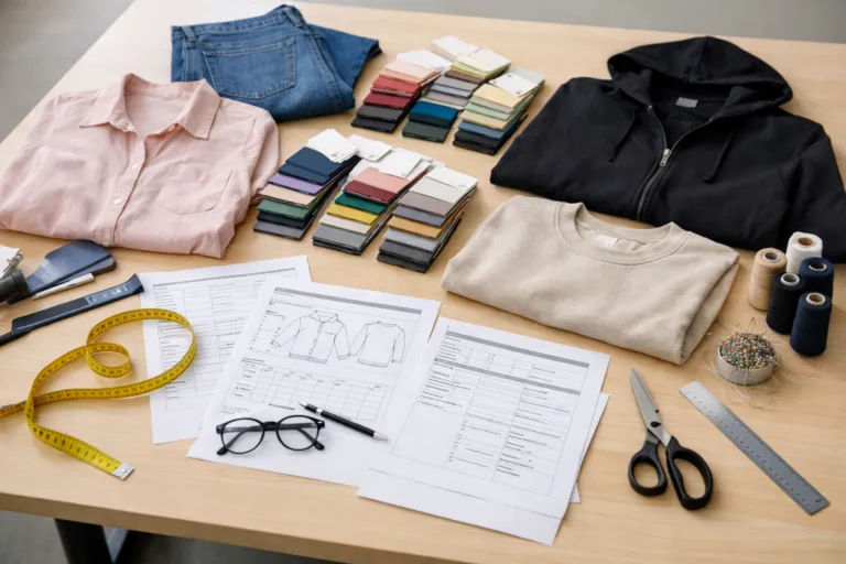 Quality & QC 9 A professional production team examines clothing samples, spec sheets, and checklists as part of the pre-production sample (PPS) approval process. The image highlights the crucial preparation and order of PPS inspection.