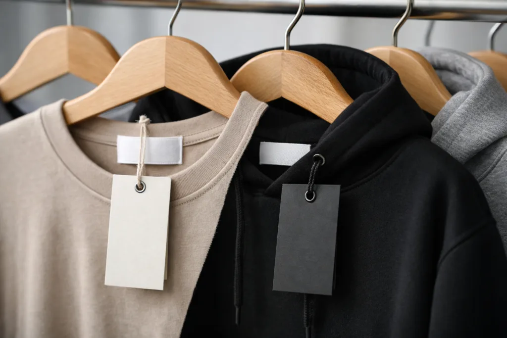 Your End-to-End Private Label Clothing Checklist: Avoid Mistakes, Master Your Branding Elements 9 A close-up of apparel main labels and swing tags on private label clothing, highlighting branding details and quality.