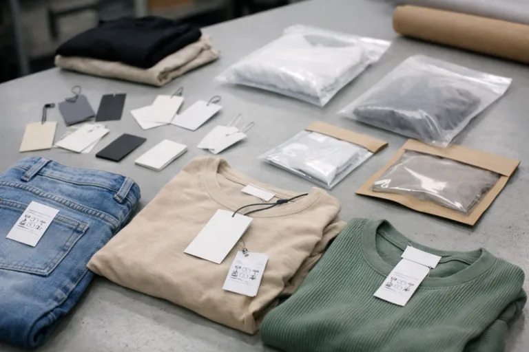 Low MOQ Clothing Manufacturer 18 Multiple private label clothing samples laid out, displaying wash labels and packaging for compliance and branding review.