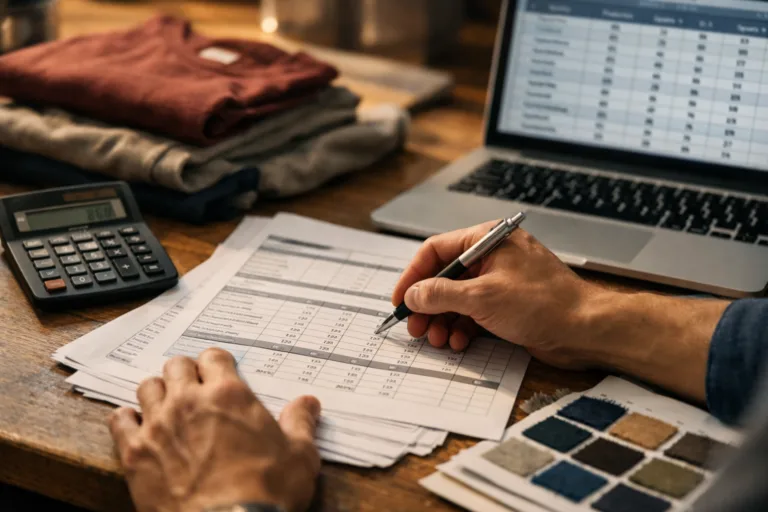 How to Find a Clothing Manufacturer 6 A detailed look at the process of documenting production numbers and estimated delivery dates for weekly updates, with apparel samples in the background.