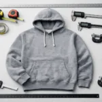 Tabletop view of a hoodie being measured with a digital ruler to show garment measurement tolerance in a quality-focused apparel factory.