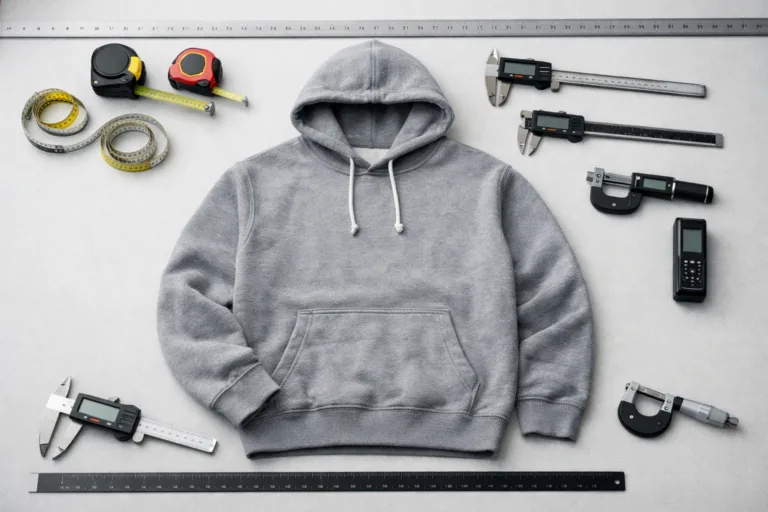 Quality & QC 10 Tabletop view of a hoodie being measured with a digital ruler to show garment measurement tolerance in a quality-focused apparel factory.