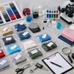 A professional textile lab environment shows fabric swatches being tested for REACH, AZO, and heavy metals, illustrating compliance processes for apparel buyers.