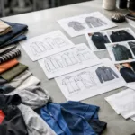 A high-resolution image of a garment production workspace displaying several clothing samples, feedback printouts, and annotated images, illustrating an efficient sample approval workflow.