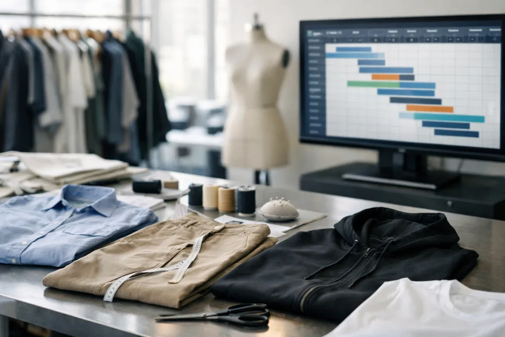 How to Win Every Season: Seasonal Drop Planning with Buffers & Split Shipments 17 A photo-realistic apparel production office where seasonal drop planning with buffers and split shipments is visualized on a screen alongside fabric swatches and production samples.