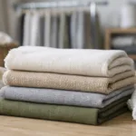 High-resolution, natural lighting photo showing various labeled sustainable fabric swatches on a table, suggesting a buyer comparison session.