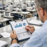 A supervisor in a garment factory reviews a weekly production update report at a central workstation, representing proactive production management.