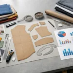 Photo-realistic overhead of a manufacturing table showing fabric samples, patterns, and cost charts used for breakdown analysis.