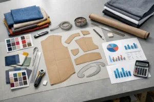 Home 41 Photo-realistic overhead of a manufacturing table showing fabric samples, patterns, and cost charts used for breakdown analysis.