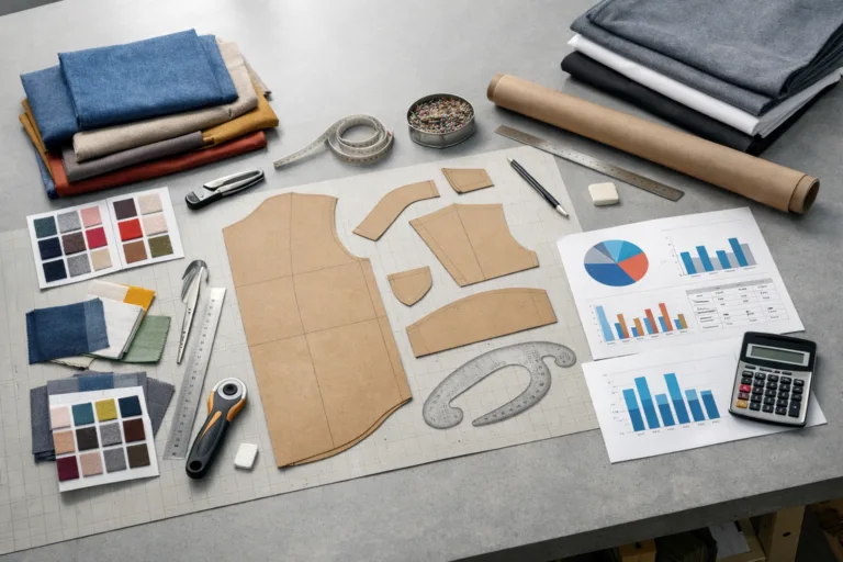 Apparel Sourcing Center 11 Photo-realistic overhead of a manufacturing table showing fabric samples, patterns, and cost charts used for breakdown analysis.