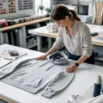 A technician reviews a garment prototype in a sample room, highlighting the practical environment where apparel sampling time can be reduced.