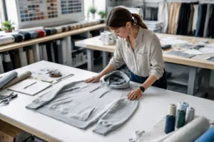 Home 41 A technician reviews a garment prototype in a sample room, highlighting the practical environment where apparel sampling time can be reduced.