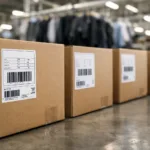 A set of well-marked packaging cartons ready for apparel shipments, highlighting compliant barcodes, warnings, and carton labeling.