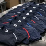 A high-clarity photo of organized teamwear apparel in multiple sizes, highlighting size range preparation for bulk orders.