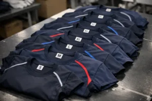 Home 41 A high-clarity photo of organized teamwear apparel in multiple sizes, highlighting size range preparation for bulk orders.