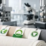 Certified textile samples labeled OEKO-TEX, GRS, and GOTS shown in a modern testing laboratory, representing rigorous verification and compliance.