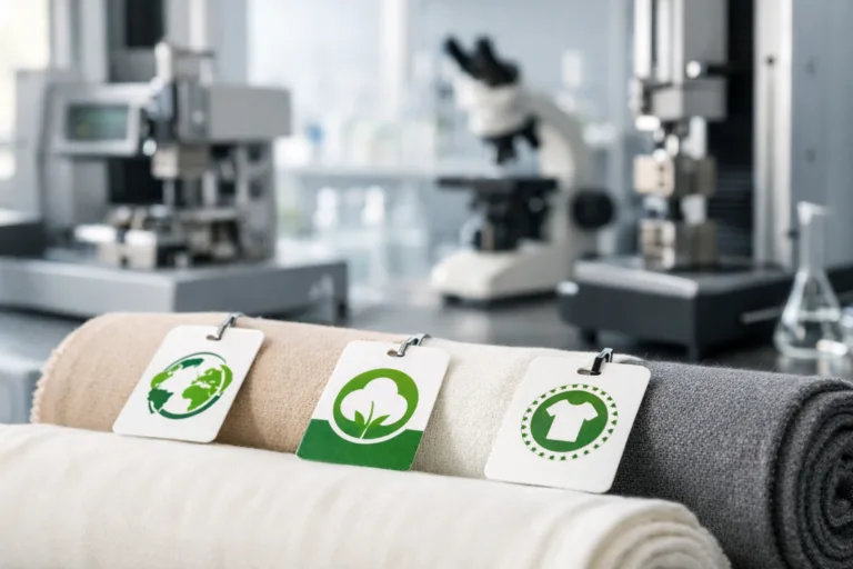 Compliance & Sustainability 7 Certified textile samples labeled OEKO-TEX, GRS, and GOTS shown in a modern testing laboratory, representing rigorous verification and compliance.