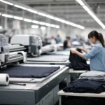 Depicts the main operations area of a professional clothing manufacturer, illustrating production capabilities and quality control.