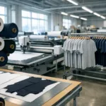 A wide and clear scene highlighting fabric bolts, cutting preparation, and organized workspaces in a mid- to large-size clothing manufacturer. Illustrates how MOQ and sampling fit within a real factory context.