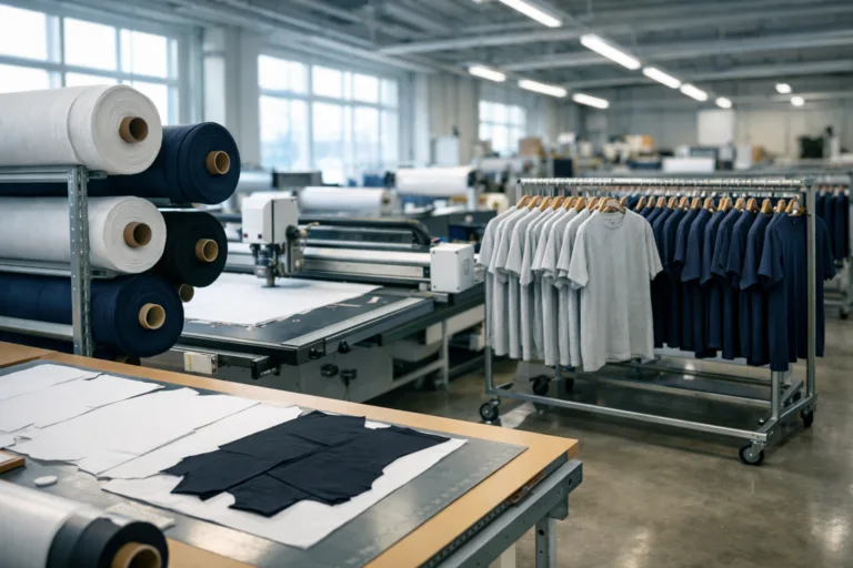 Apparel Sourcing Center 10 A wide and clear scene highlighting fabric bolts, cutting preparation, and organized workspaces in a mid- to large-size clothing manufacturer. Illustrates how MOQ and sampling fit within a real factory context.