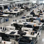 Shows a professionally operated garment factory, with stations for sampling and bulk production, illustrating trial order setup and workflow.