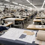 This image shows a professional apparel production setting, highlighting the tools and layout that define custom manufacturing for private label clothing mode comparison.