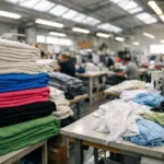 Photo shows cotton, polyester, and bamboo fabrics ready for t-shirt manufacturing, illuminated by natural light in a professional factory.