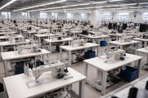 Home 41 An overhead shot of a spacious garment factory floor, highlighting the arrangement of sewing machines and equipment, representing capability and workflow.