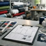Clean, professional golf polo manufacturing workspace with multiple fabric rolls and tech pack documentation as part of production planning.