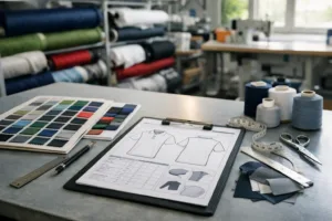 Home 41 Clean, professional golf polo manufacturing workspace with multiple fabric rolls and tech pack documentation as part of production planning.