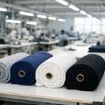 A photo-realistic scene of a textile factory focused on hoodie manufacturing, highlighting GSM-labeled fabric rolls and a clean production environment.