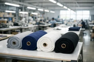 Home 42 A photo-realistic scene of a textile factory focused on hoodie manufacturing, highlighting GSM-labeled fabric rolls and a clean production environment.
