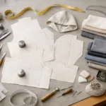 A professional pattern designer’s table displaying hoodie patterns and fabric swatches – illustrating key steps for achieving a precise, non-baggy hoodie fit.