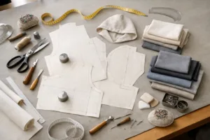 Home 41 A professional pattern designer’s table displaying hoodie patterns and fabric swatches – illustrating key steps for achieving a precise, non-baggy hoodie fit.