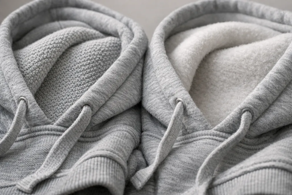 Step-by-Step Hoodie Manufacturing: GSM, Fleece, and Durability Explained 2 hoodie fleece type comparison