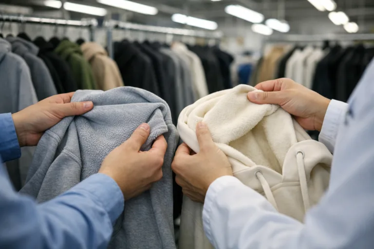 Low MOQ Clothing Manufacturer 22 French Terry Hoodies vs Fleece Hoodies: The image shows factory staff reviewing hoodie prototypes, emphasizing quality control, fabric selection, and production details vital for apparel manufacturing reliability.