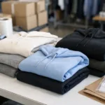 Neatly folded hoodies in various colors and fabrics ready for packing in a logistics warehouse, illustrating weight and shipping preparation.