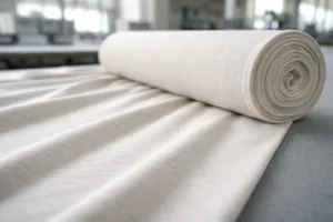 Home 42 A detailed view of jersey knit fabric on a production table, displaying its unique loop construction and soft, flexible surface, ideal for t-shirts.