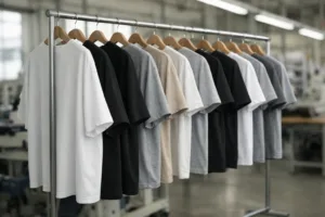 Home 41 This image shows oversized and regular fit t-shirts arranged in a manufacturing setting, highlighting silhouette and fabric differences.