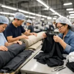 An organized, well-lit manufacturing floor showcasing fabric quality checks, symbolizing the foundation of premium private label garment production.