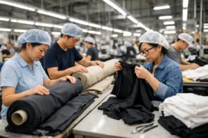 Home 42 An organized, well-lit manufacturing floor showcasing fabric quality checks, symbolizing the foundation of premium private label garment production.