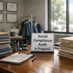 An apparel factory office prepared for a social compliance audit with organized documents and legally required posting visible, conveying readiness and transparency.
