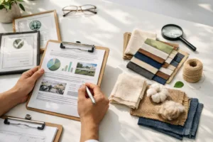 Home 42 An overhead view of a clean workspace where sustainability certificates and fabric samples are carefully reviewed to verify clothing brand claims.
