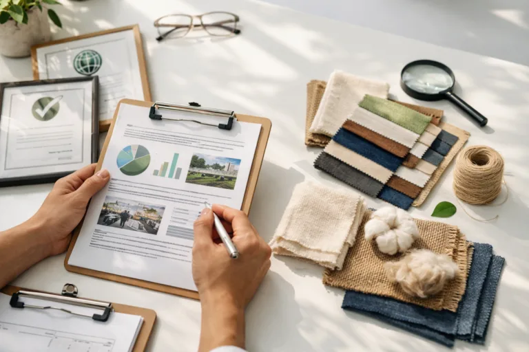 Compliance & Sustainability 10 An overhead view of a clean workspace where sustainability certificates and fabric samples are carefully reviewed to verify clothing brand claims.