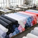 Professionally organized nylon and spandex fabrics, ready for swimsuit production. The clean workshop setting illustrates the material selection process.