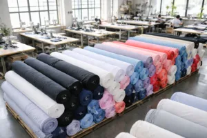 Home 42 Professionally organized nylon and spandex fabrics, ready for swimsuit production. The clean workshop setting illustrates the material selection process.