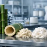 Photo showing bamboo stalks and semi-processed fiber in a textile lab, representing the basics of bamboo fabric sustainability inquiry.