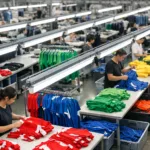 A clean factory with bulk teamwear garments arranged for inspection, representing quality control and production risk management.