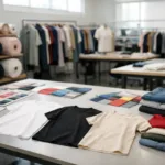 Photo-realistic image of a Chinese sample room with fabrics, T-shirts, and trims arranged on tables, representing fast apparel sampling in China.