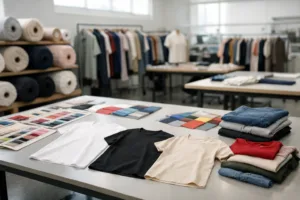 Home 41 Photo-realistic image of a Chinese sample room with fabrics, T-shirts, and trims arranged on tables, representing fast apparel sampling in China.